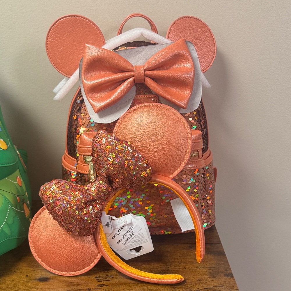 Disney Loungefly Sequin Orange Mini Backpack with Bow and Minnie Ears Set